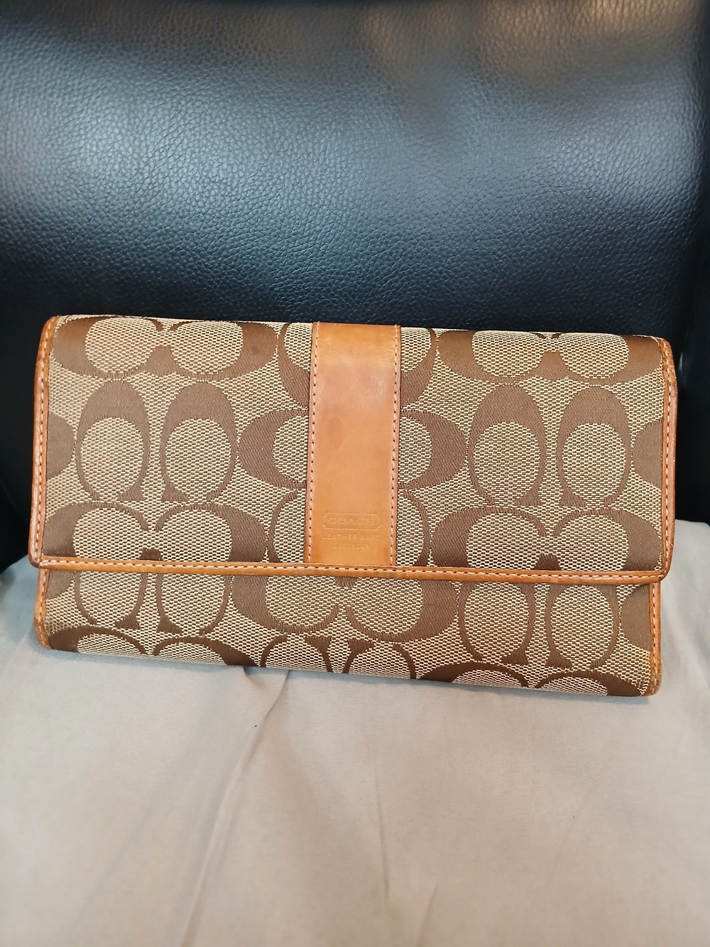 Coach Signature Canvas Fold-Over Wallet in Brown/Tan